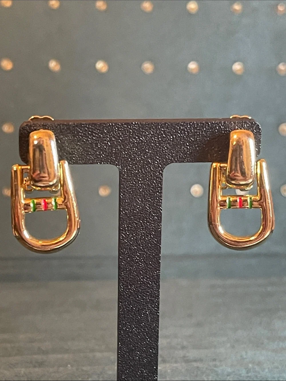 Vintage Paolo Gucci Stirrup Enamel Striped Door-Knocker Style Clip On Earrings